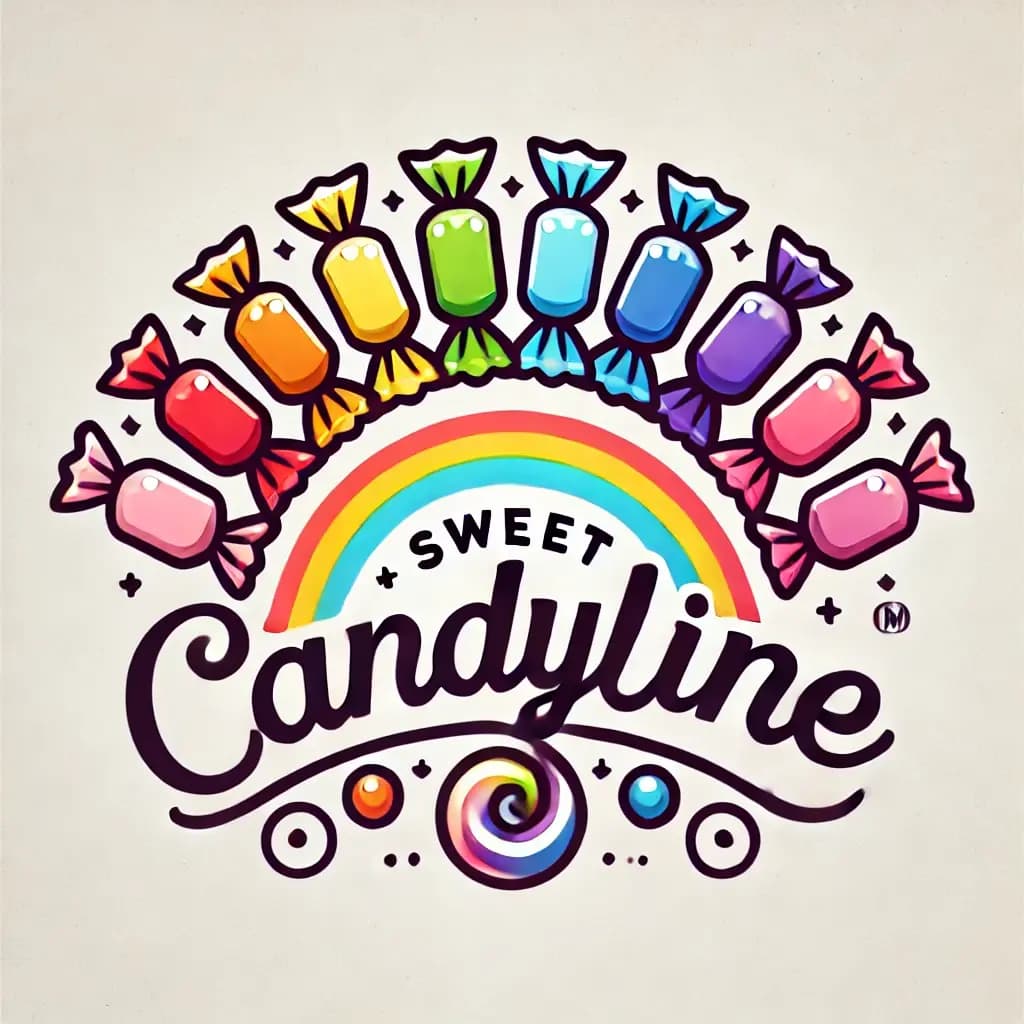 A cheerful and playful logo for a candy brand named 'Sweet Candyline'. The design features seven colorful candy wrappers arranged in an arch