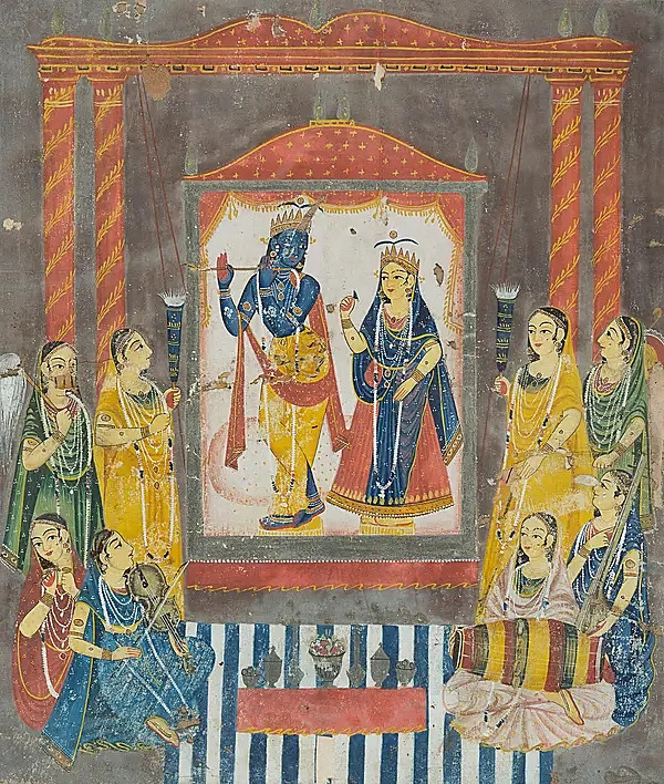 Radha and Krishna with Female Attendants and Musicians